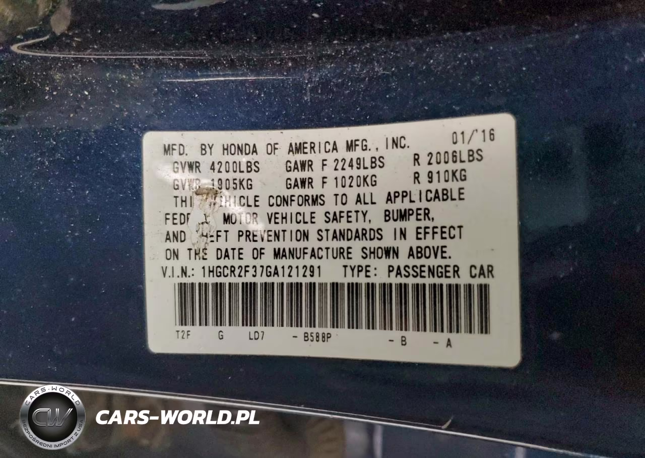 2016 Honda Accord Lx VIN:1HGCR2F37GA121291 - 12