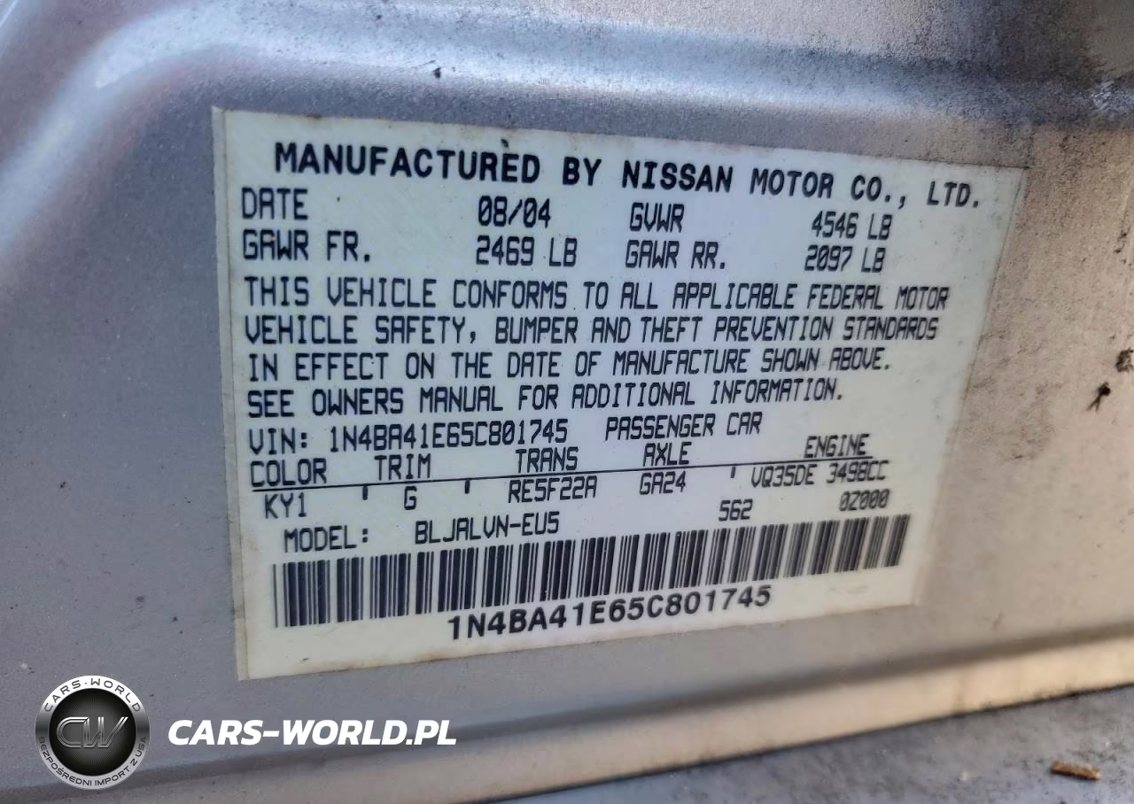 2005 Nissan Maxima Se VIN:1N4BA41E65C801745 - 12