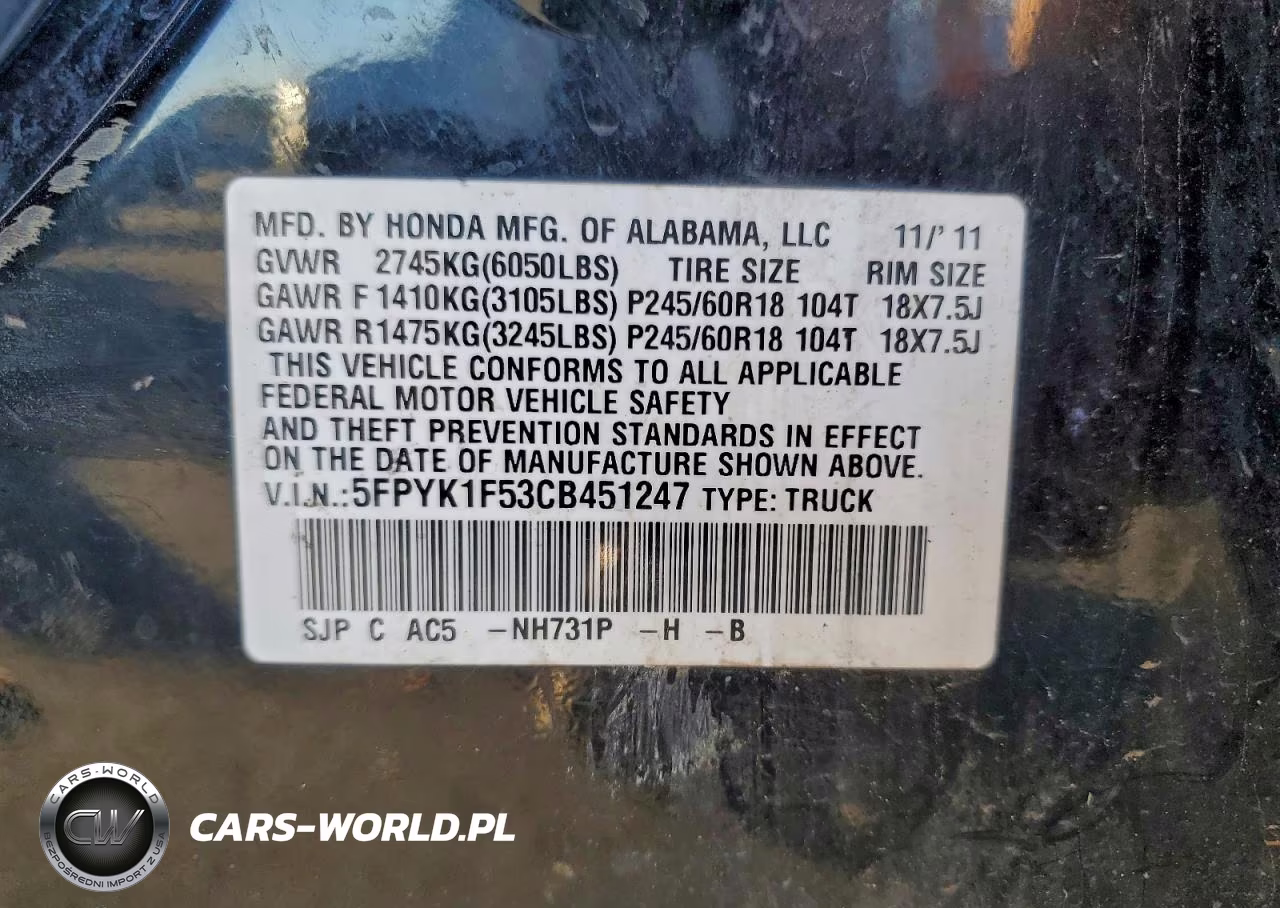 2012 Honda Ridgeline Rtl VIN:5FPYK1F53CB451247 - 12