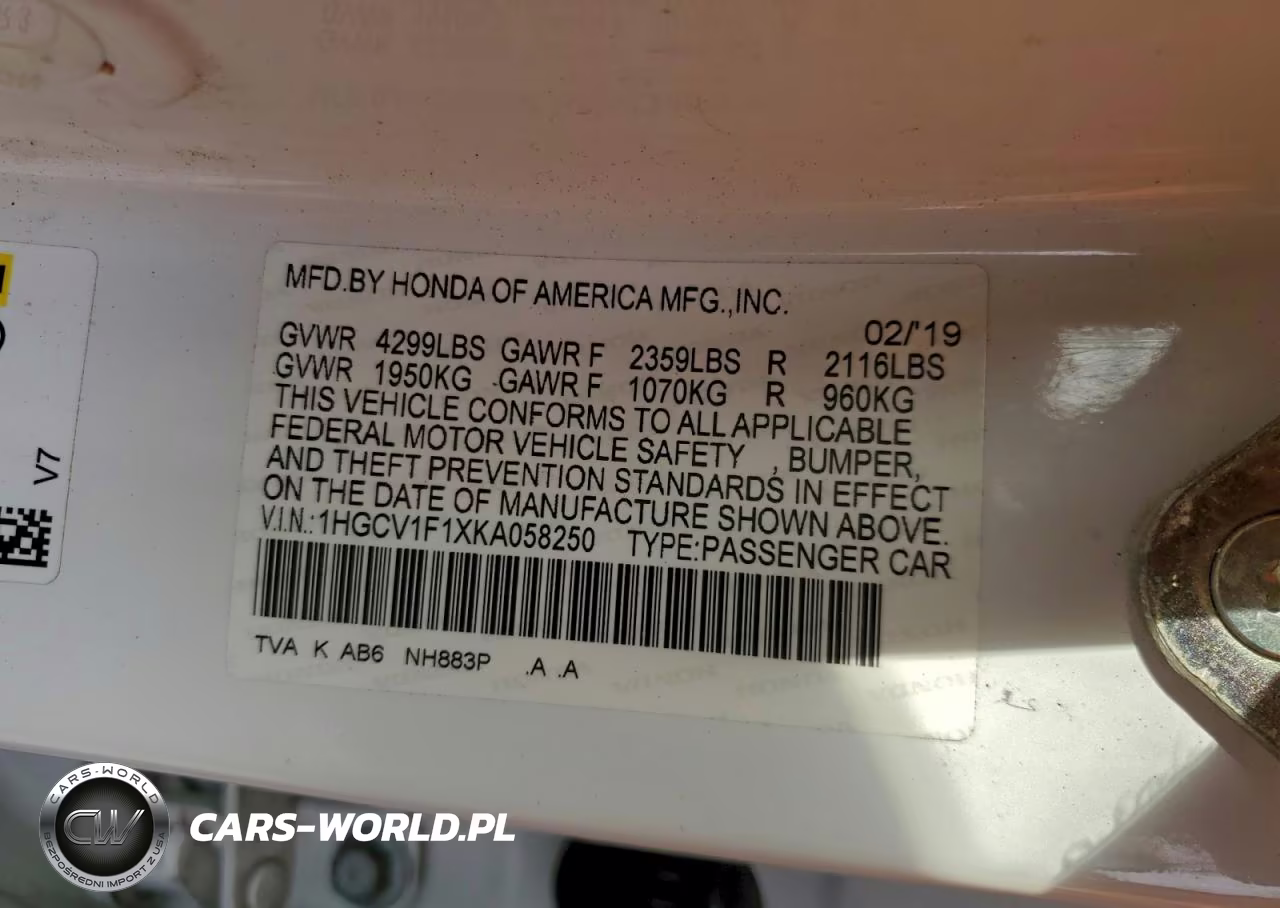 2019 Honda Accord Lx VIN:1HGCV1F1XKA058250 - 12