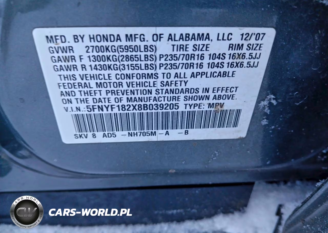 2008 Honda Pilot Vp VIN:5FNYF182X8B039205 - 12