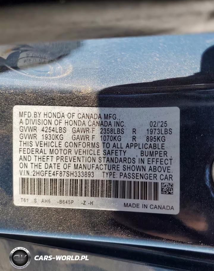 2025 Honda Civic Sport VIN:2HGFE4F87SH333893 - 12