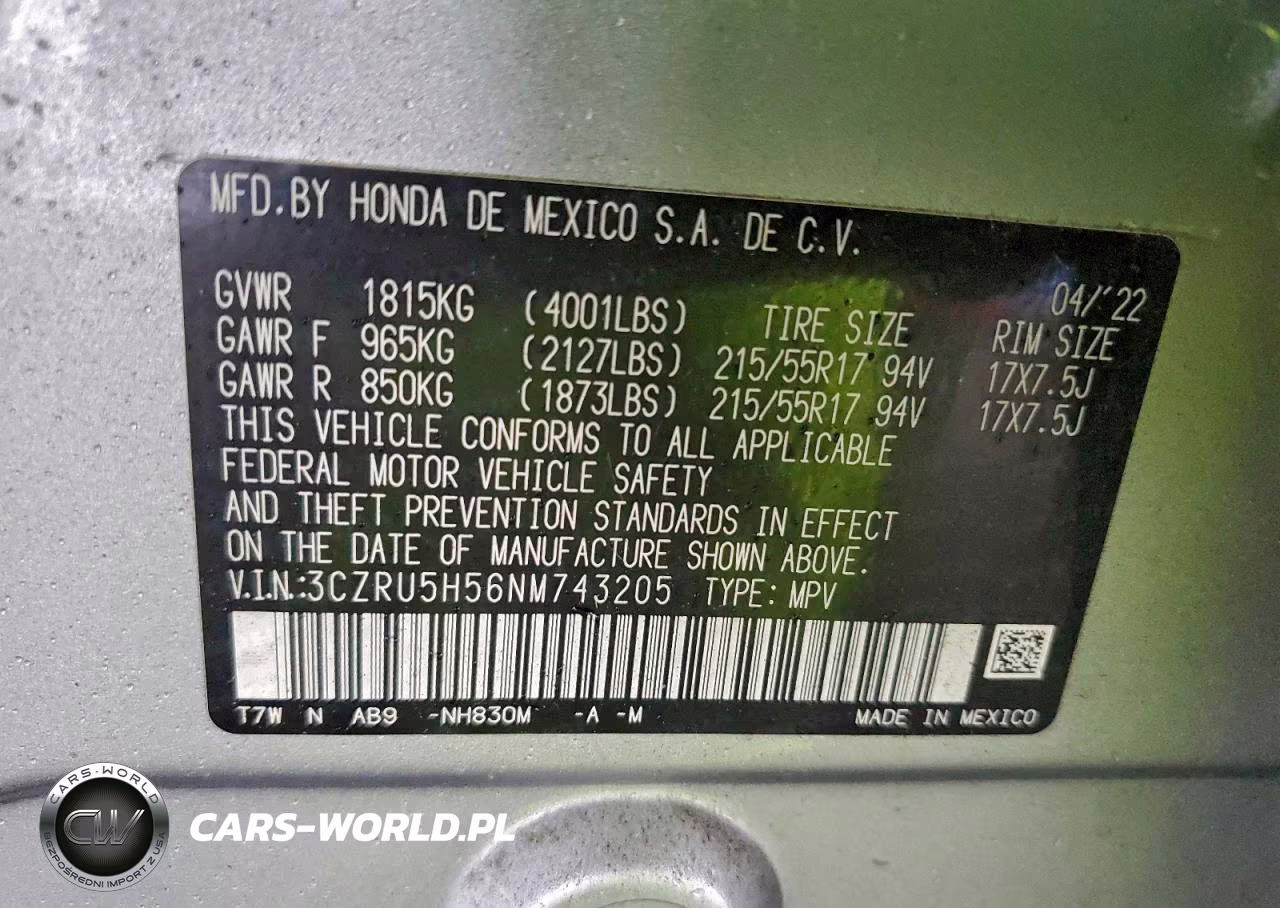 2022 Honda Hr-V Ex VIN:3CZRU5H56NM743205 - 13
