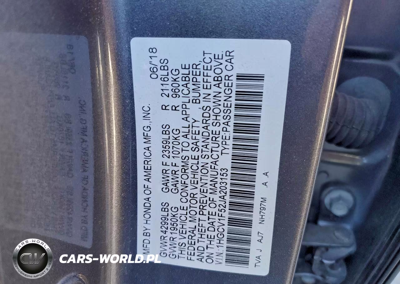 2018 Honda Accord Exl VIN:1HGCV1F52JA203153 - 12