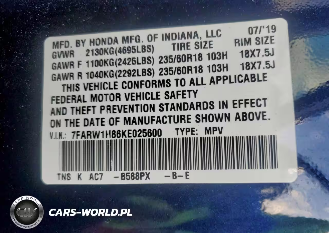 2019 Honda Cr-V Exl VIN:7FARW1H86KE025600 - 13