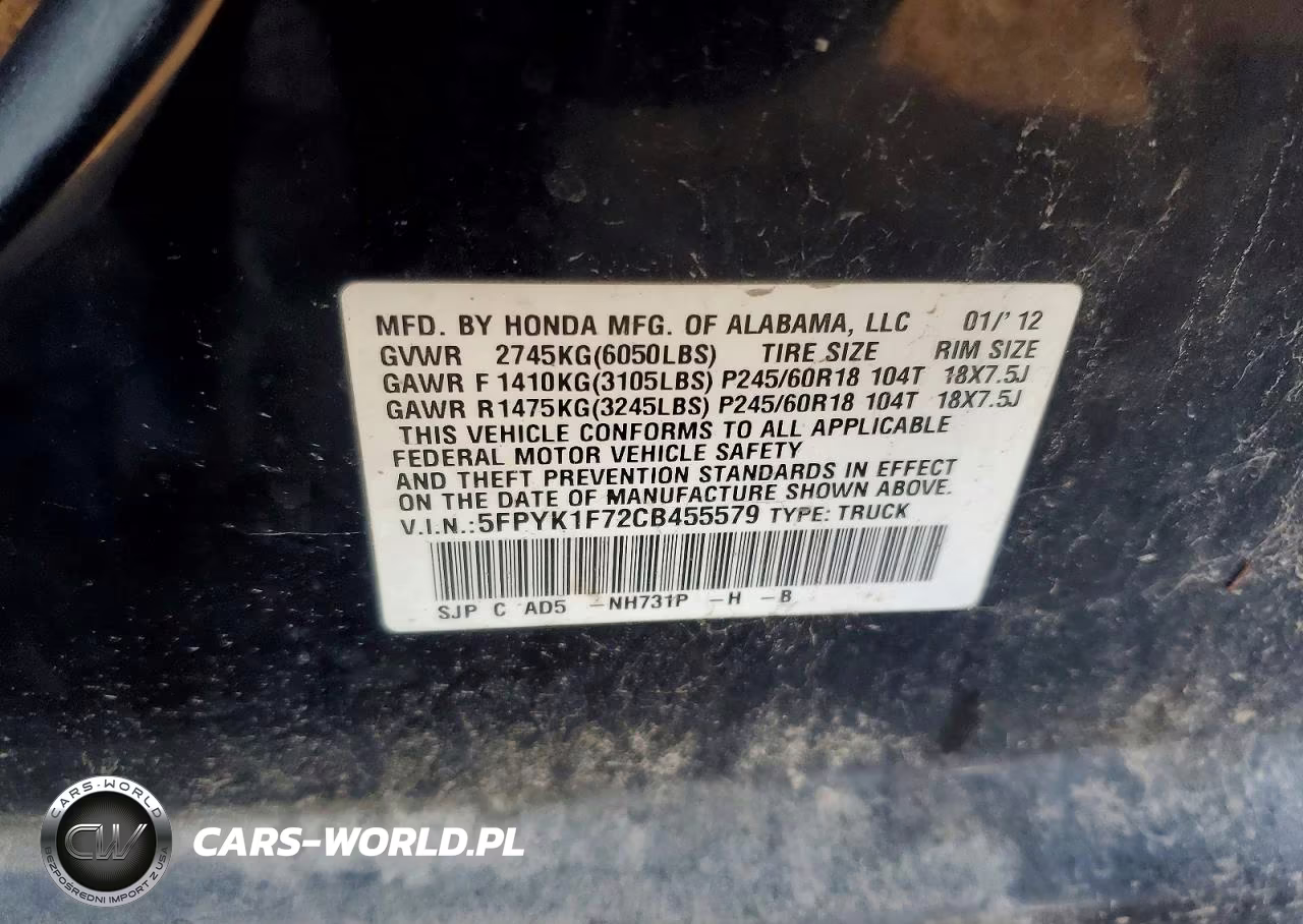 2012 Honda Ridgeline Sport VIN:5FPYK1F72CB455579 - 13