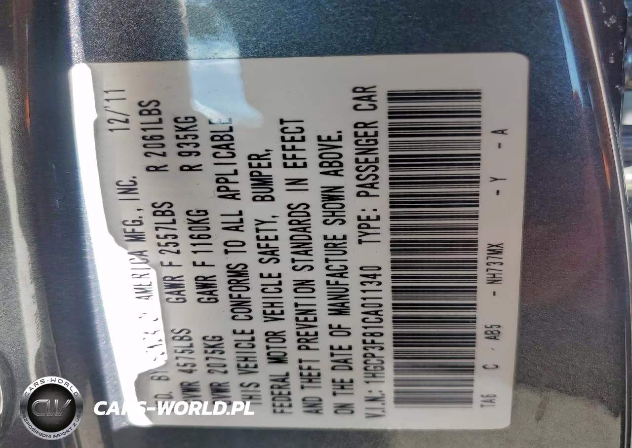 2012 Honda Accord Exl VIN:1HGCP3F81CA011340 - 12