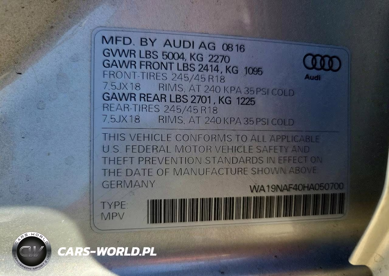 2017 Audi A4 Allroad Prestige VIN:WA19NAF40HA050700 - 13