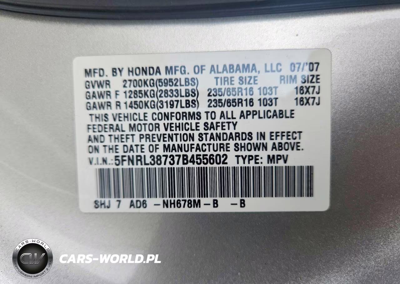2007 Honda Odyssey Exl VIN:5FNRL38737B455602 - 13