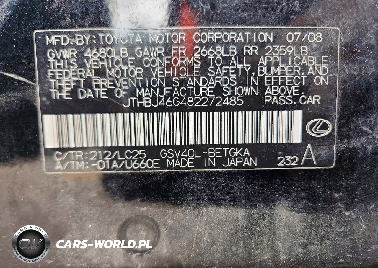 2008 Lexus Es 350 VIN:JTHBJ46G482272485 - 12