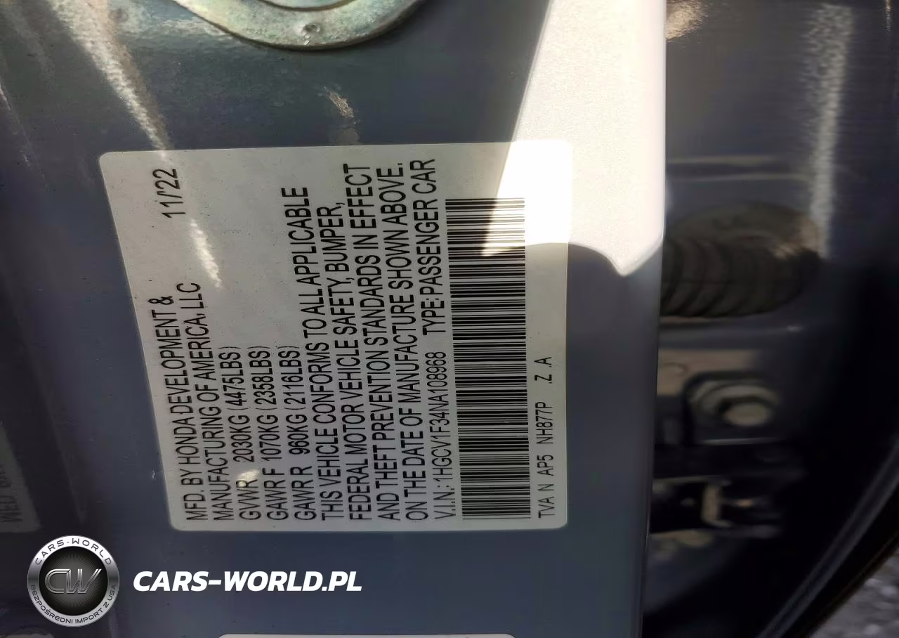 2022 Honda Accord Sport VIN:1HGCV1F34NA108968 - 12