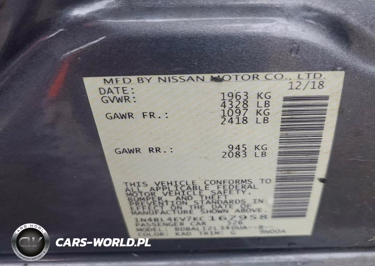 2019 Nissan Altima Sl VIN:1N4BL4EV7KC167958 - 12