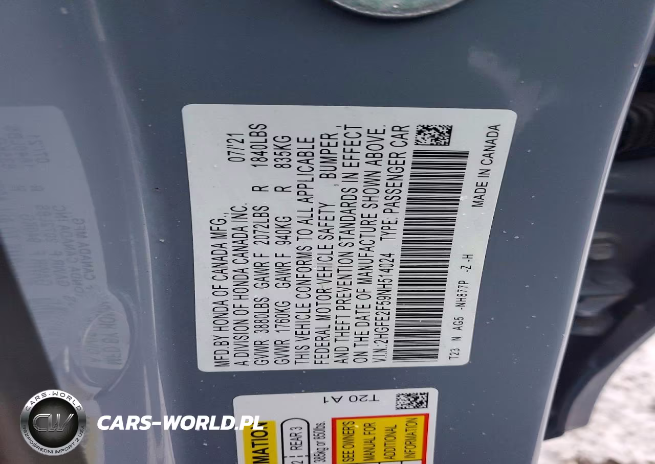 2022 Honda Civic Sport VIN:2HGFE2F59NH514024 - 12
