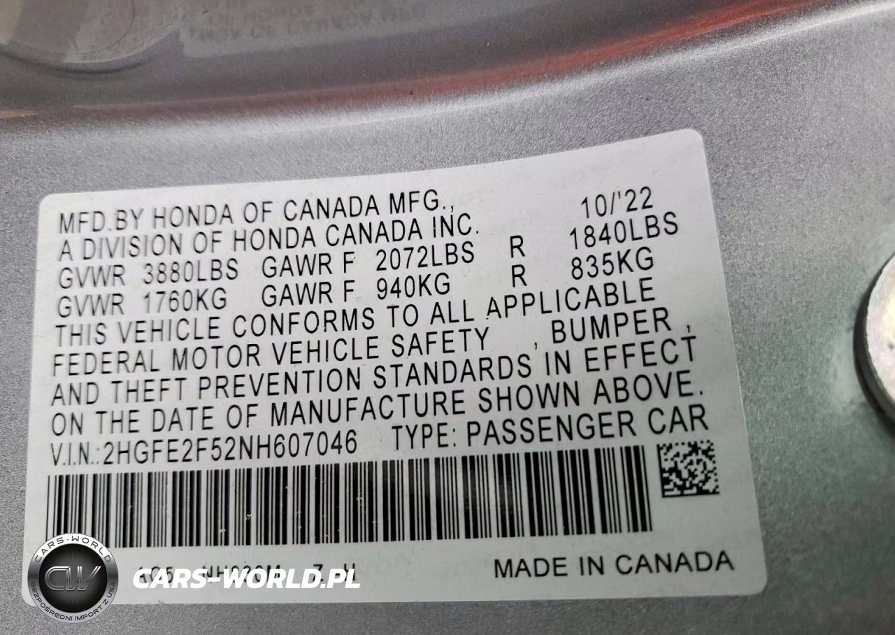 2022 Honda Civic Sport VIN:2HGFE2F52NH607046 - 12