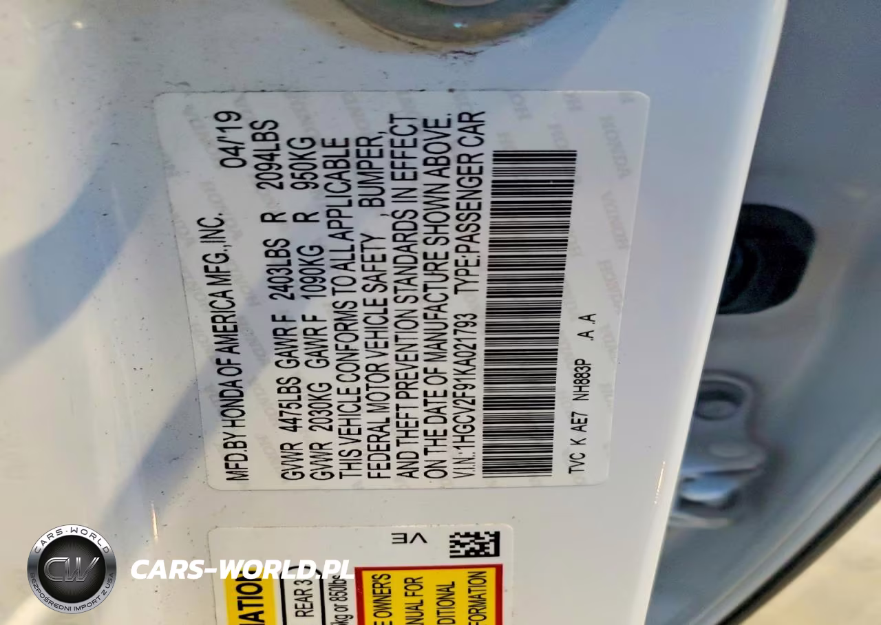 2019 Honda Accord Touring VIN:1HGCV2F91KA021793 - 12