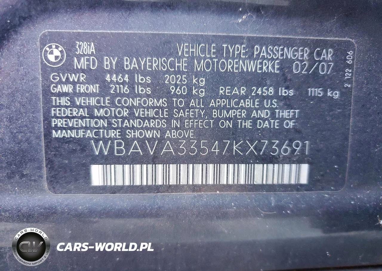 2007 BMW 328 I VIN:WBAVA33547KX73691 - 12