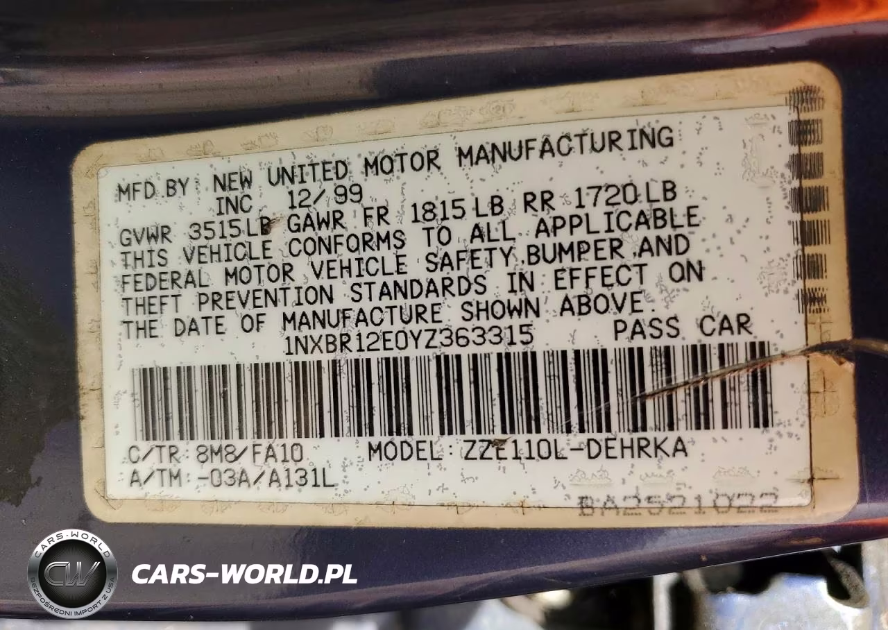 2000 Toyota Corolla VIN:1NXBR12E0YZ363315 - 12