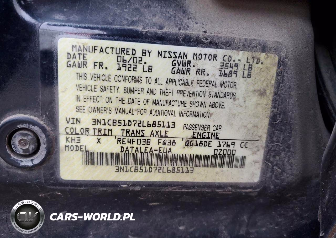 2002 Nissan Sentra Xe VIN:3N1CB51D72L685113 - 12