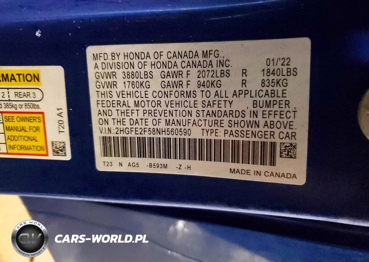 2022 Honda Civic VIN:2HGFE2F58NH560590 - 12