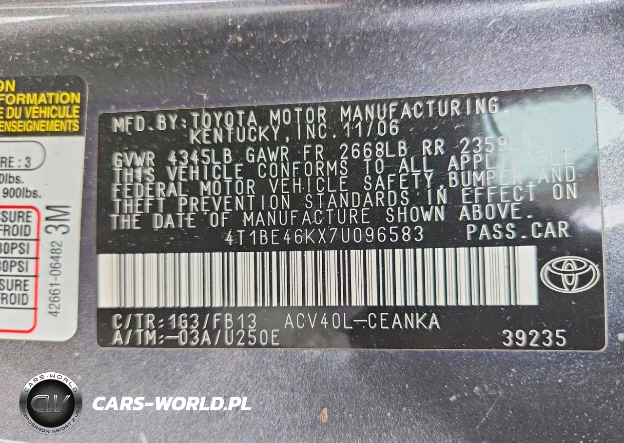 2007 Toyota Camry Ce VIN:4T1BE46KX7U096583 - 12
