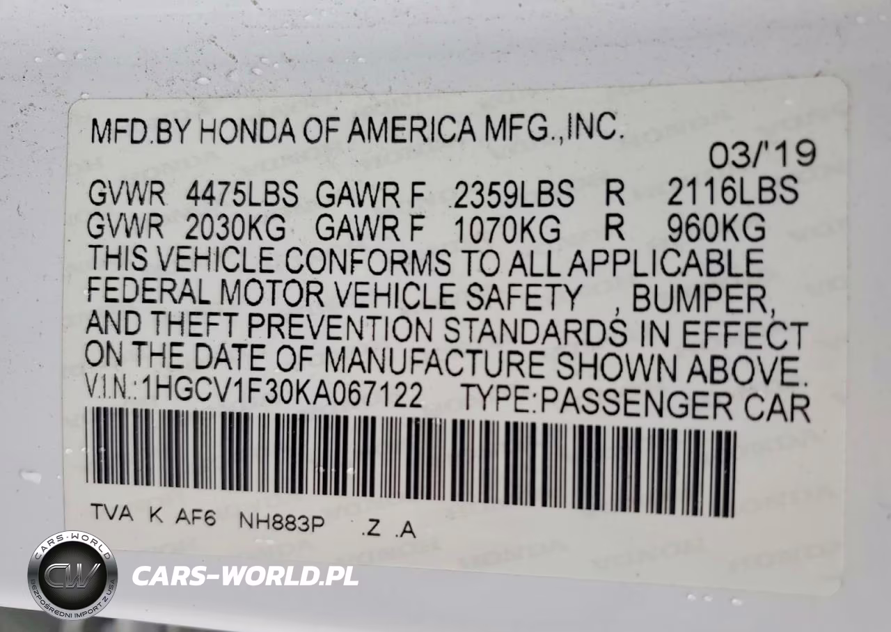 2019 Honda Accord Sport VIN:1HGCV1F30KA067122 - 13