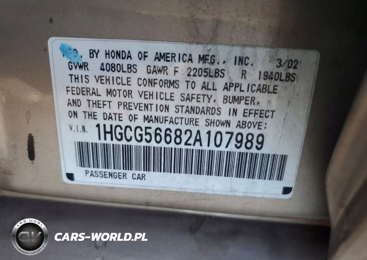 2002 Honda Accord Ex VIN:1HGCG56682A107989 - 12