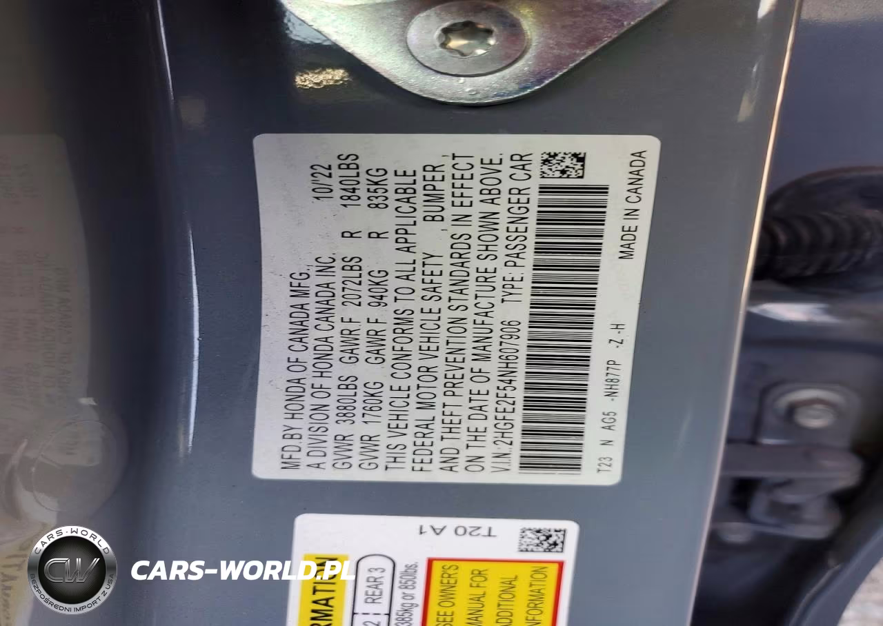 2022 Honda Civic Sport VIN:2HGFE2F54NH607906 - 12