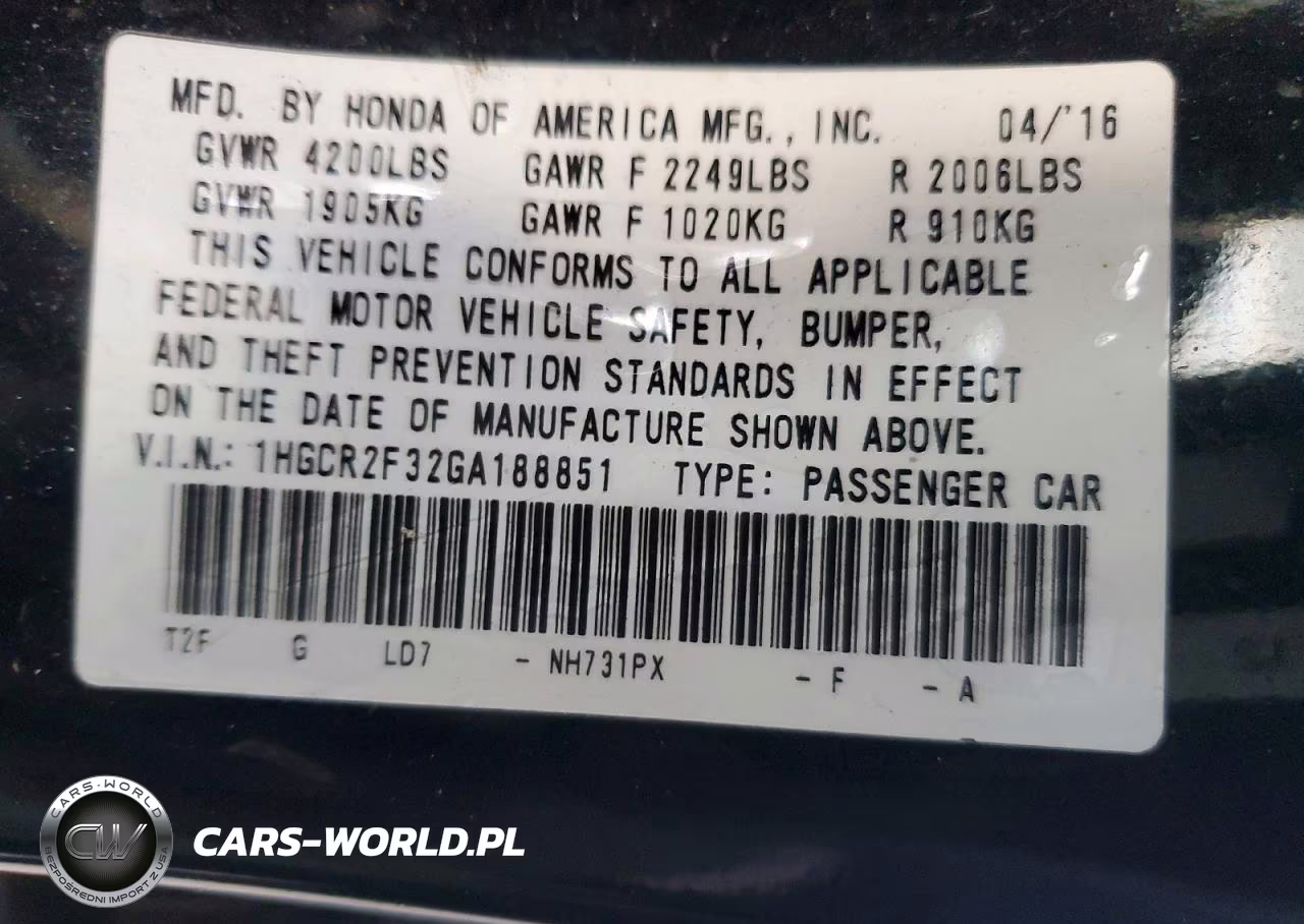 2016 Honda Accord Lx VIN:1HGCR2F32GA188851 - 12