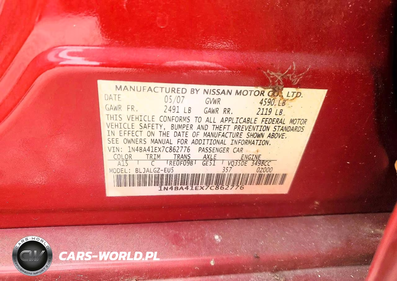 2007 Nissan Maxima Se VIN:1N4BA41EX7C862776 - 13
