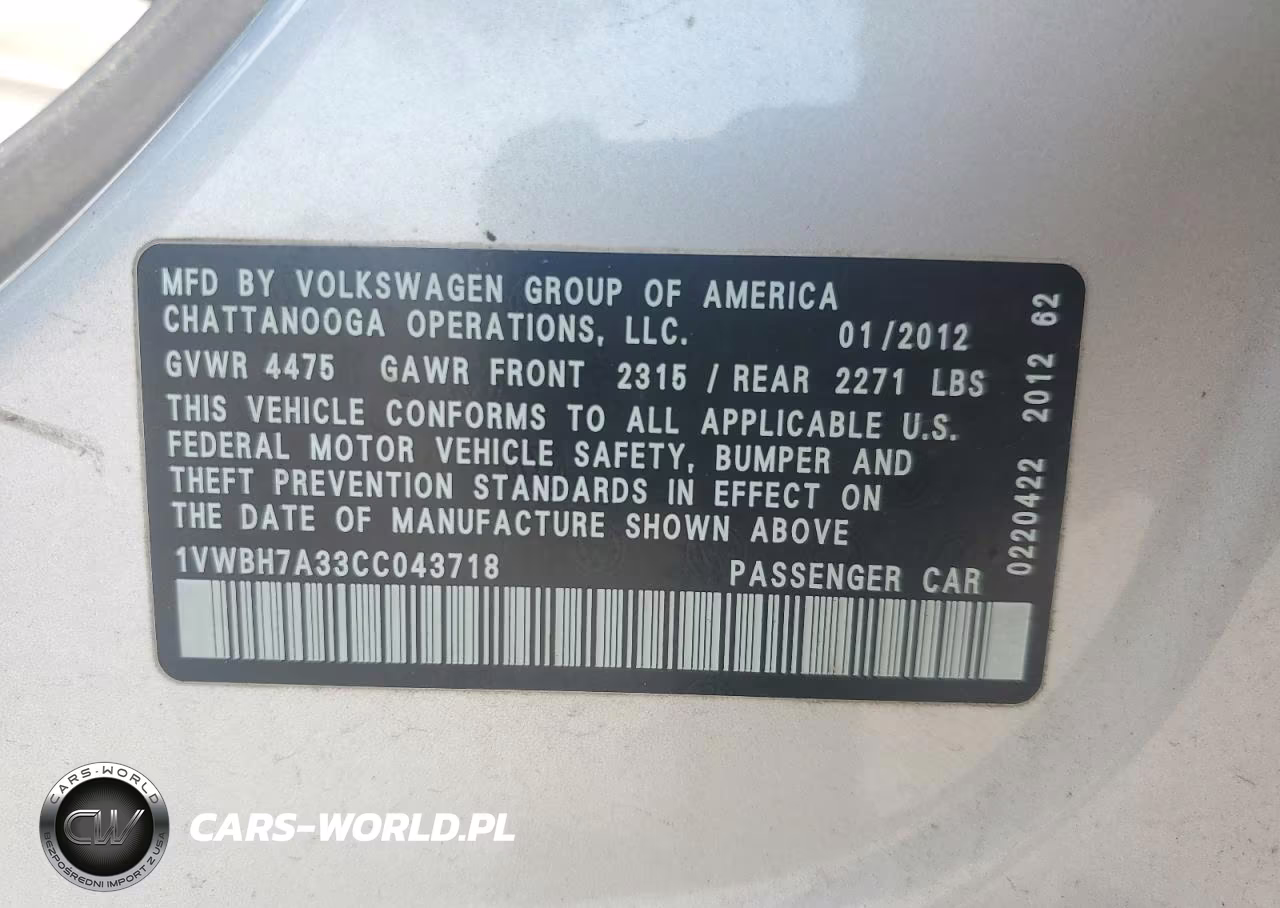 2012 Volkswagen Passat Se VIN:1VWBH7A33CC043718 - 12