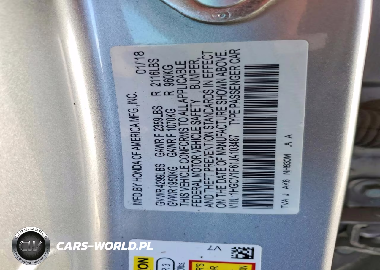 2018 Honda Accord Exl VIN:1HGCV1F61JA103487 - 12