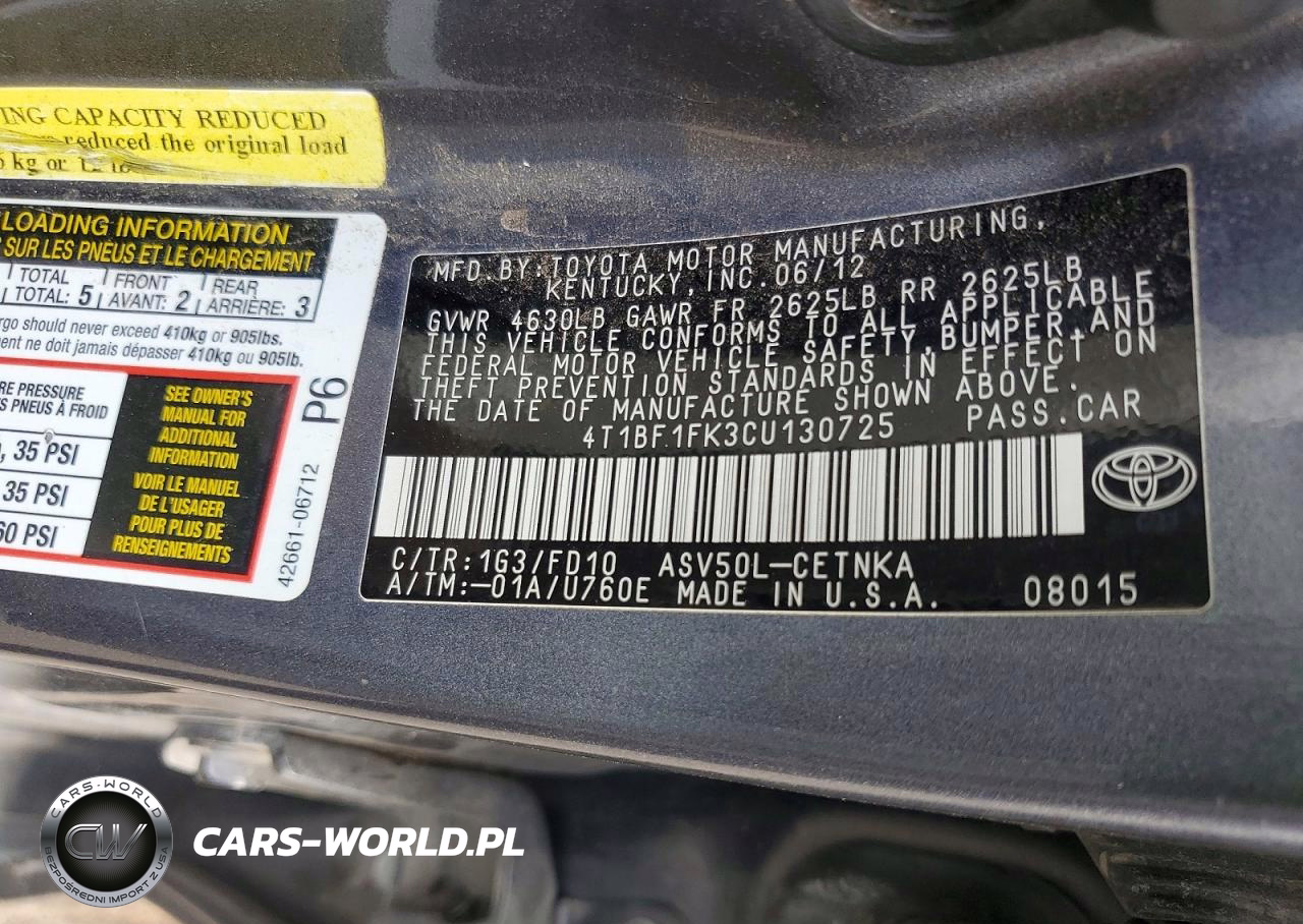 2012 Toyota Camry Le VIN:4T1BF1FK3CU130725 - 12