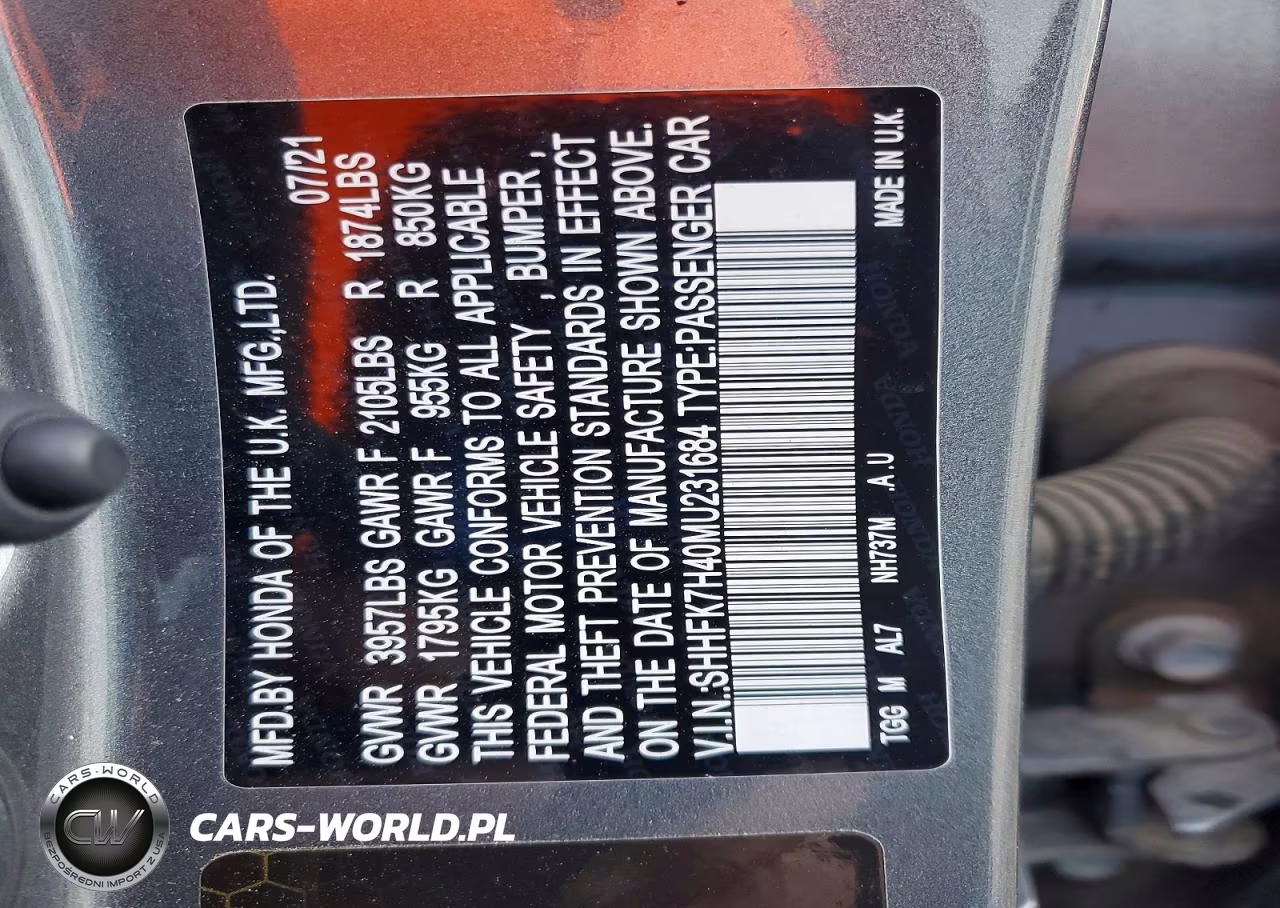 2021 Honda Civic Sport VIN:SHHFK7H40MU231684 - 12