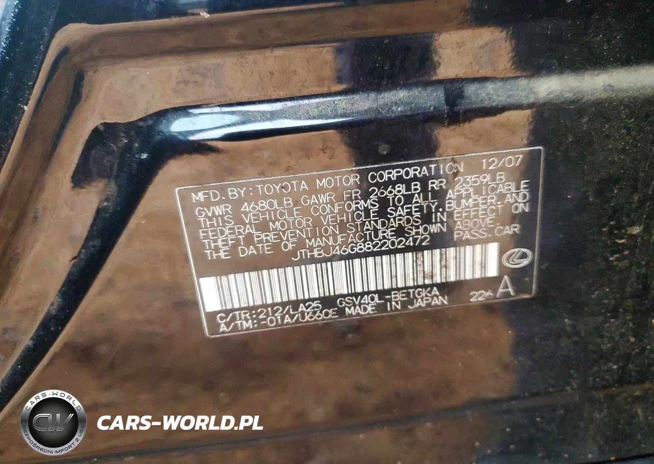 2008 Lexus Es 350 Base VIN:JTHBJ46G882202472 - 12
