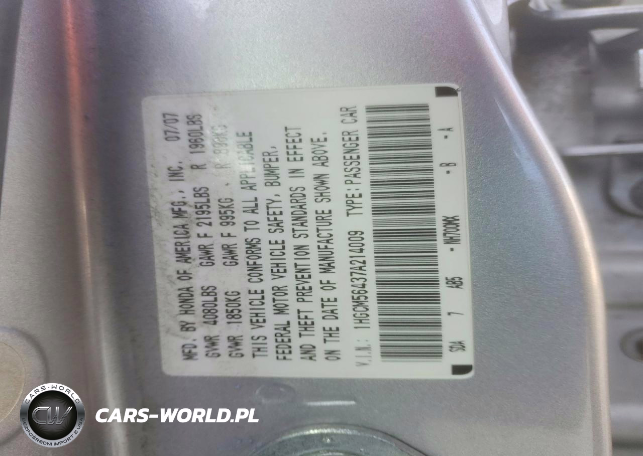 2007 Honda Accord Lx VIN:1HGCM56437A214009 - 12