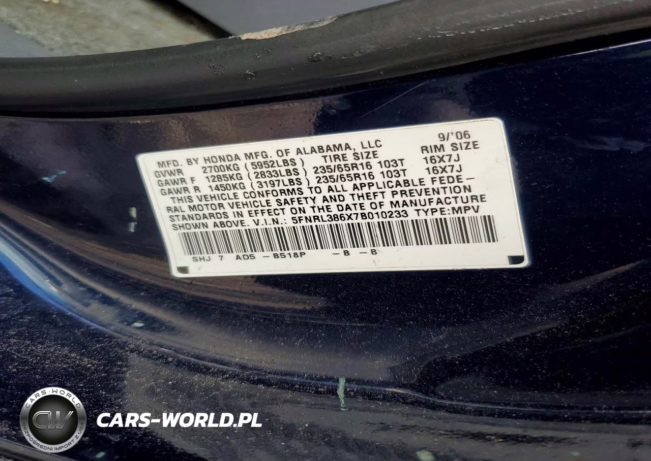 2007 Honda Odyssey VIN:5FNRL386X7B010233 - 13