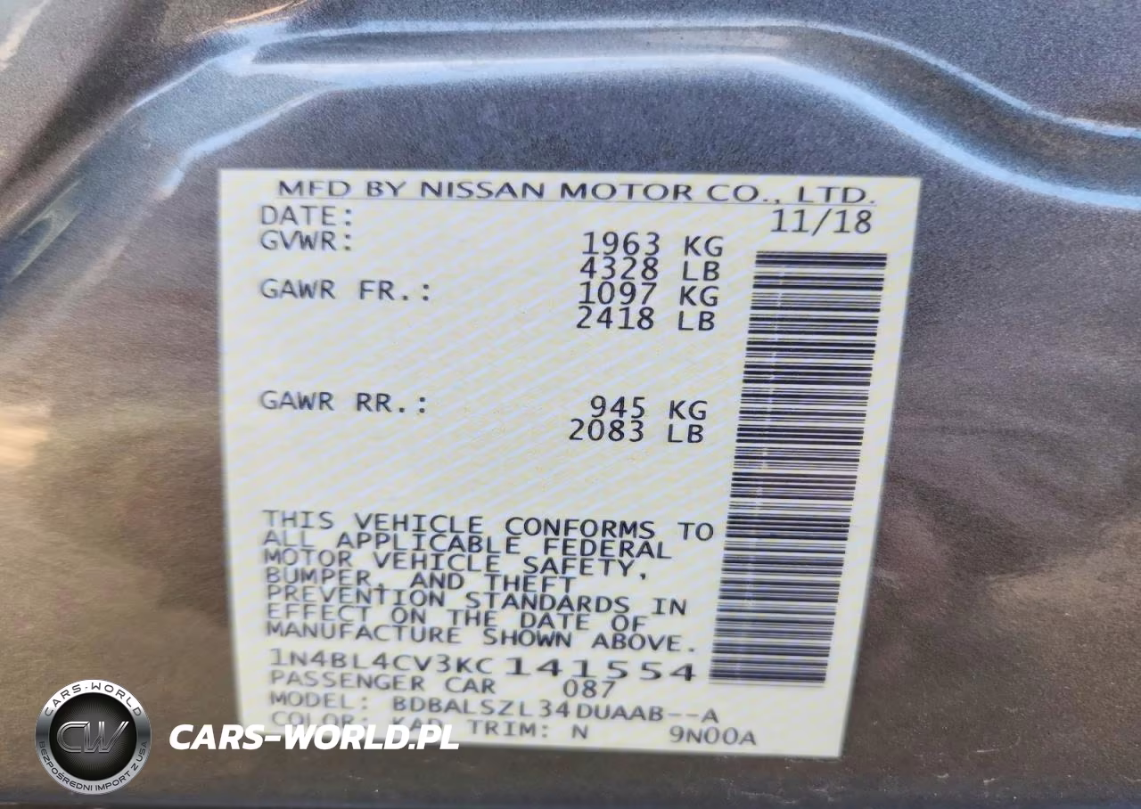 2019 Nissan Altima Sr VIN:1N4BL4CV3KC141554 - 12