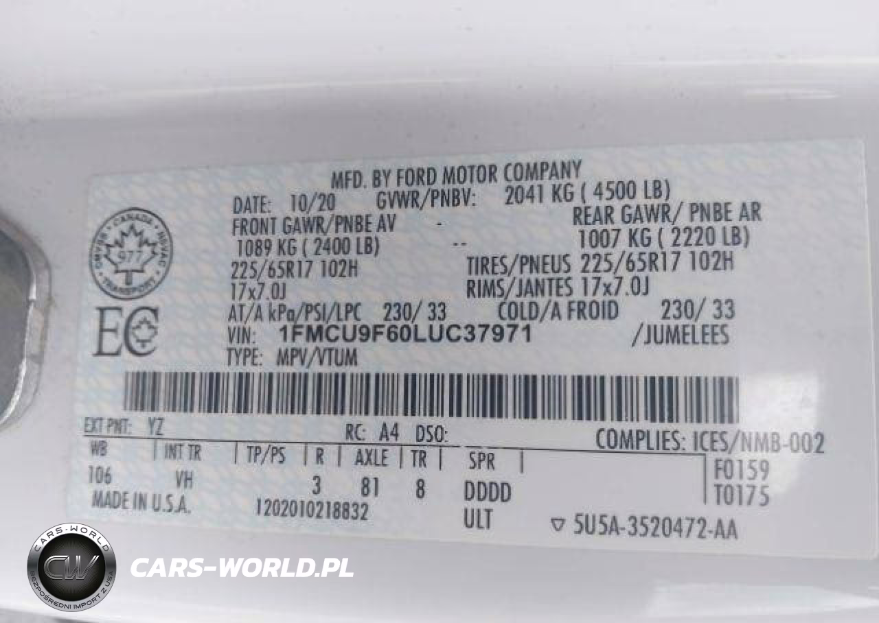 2020 Ford Escape S VIN:1FMCU9F60LUC37971 - 10