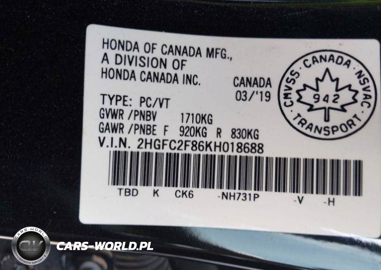 2019 Honda Civic Sport VIN:2HGFC2F86KH018688 - 10