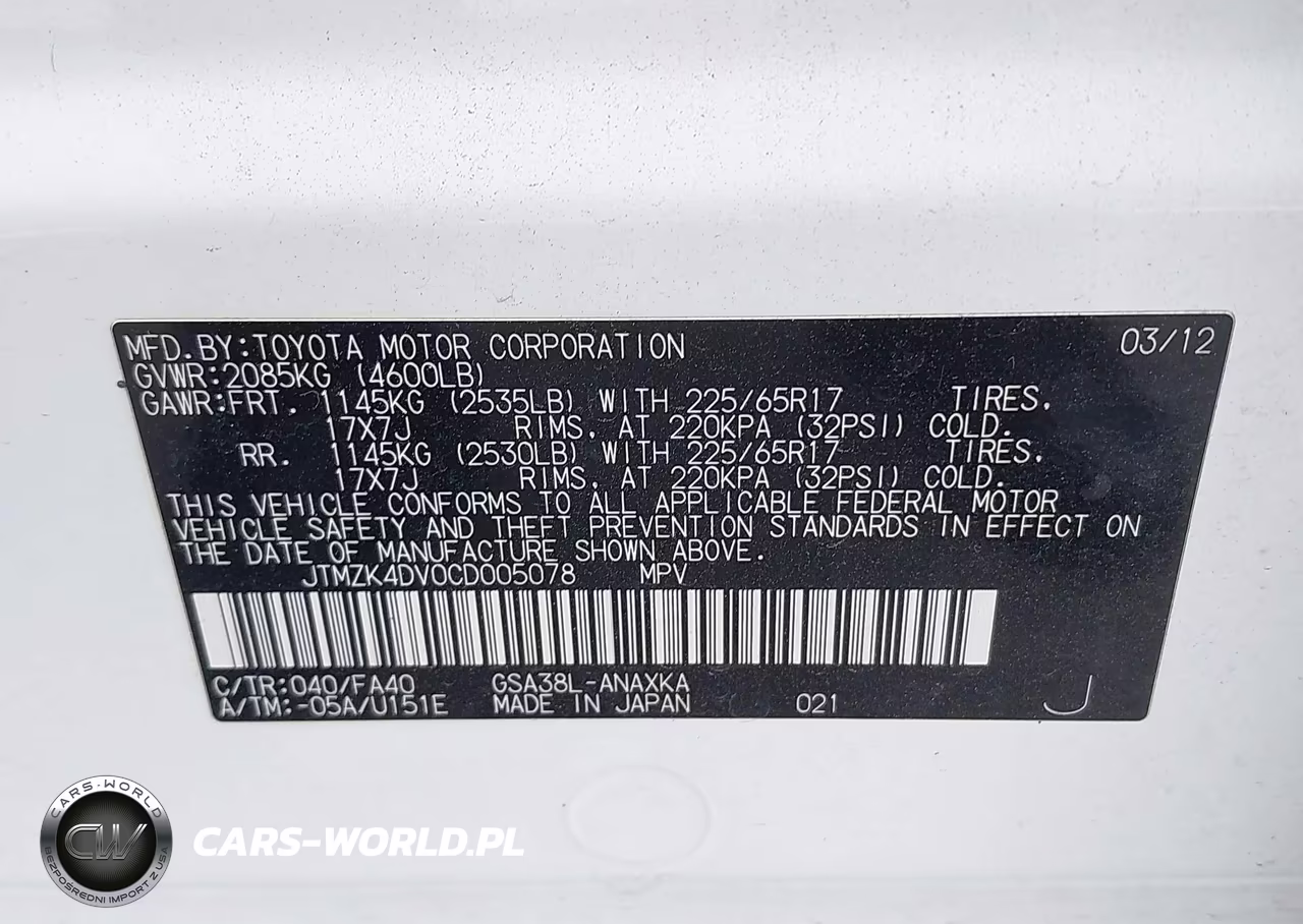 2012 Toyota Rav4 Base V6 VIN:JTMZK4DV0CD005078 - 9