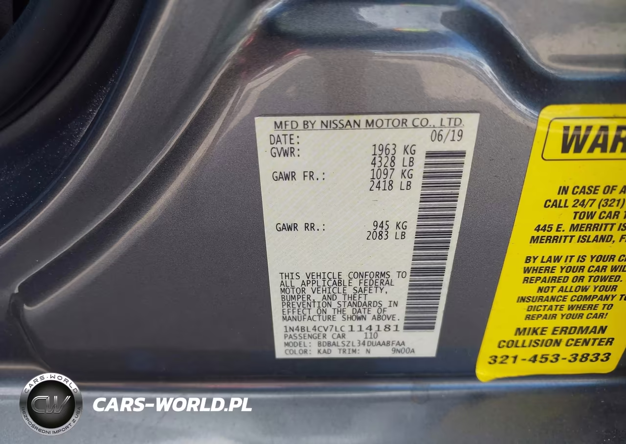 2020 Nissan Altima Sr Fwd VIN:1N4BL4CV7LC114181 - 9