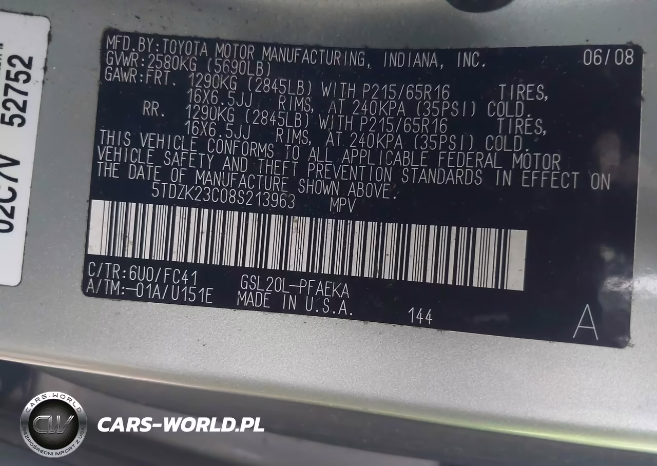 2008 Toyota Sienna Le VIN:5TDZK23C08S213963 - 9