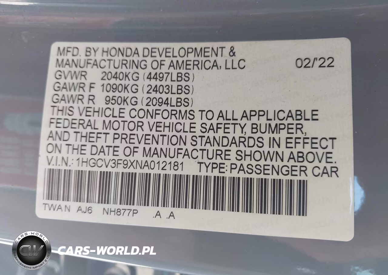 2022 Honda Accord Hybrid Touring VIN:1HGCV3F9XNA012181 - 9