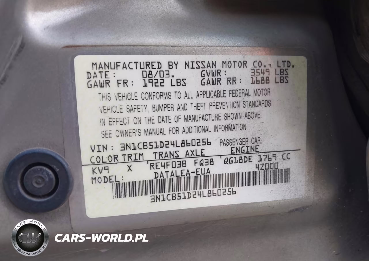 2004 Nissan Sentra 1.8S VIN:3N1CB51D24L860256 - 9