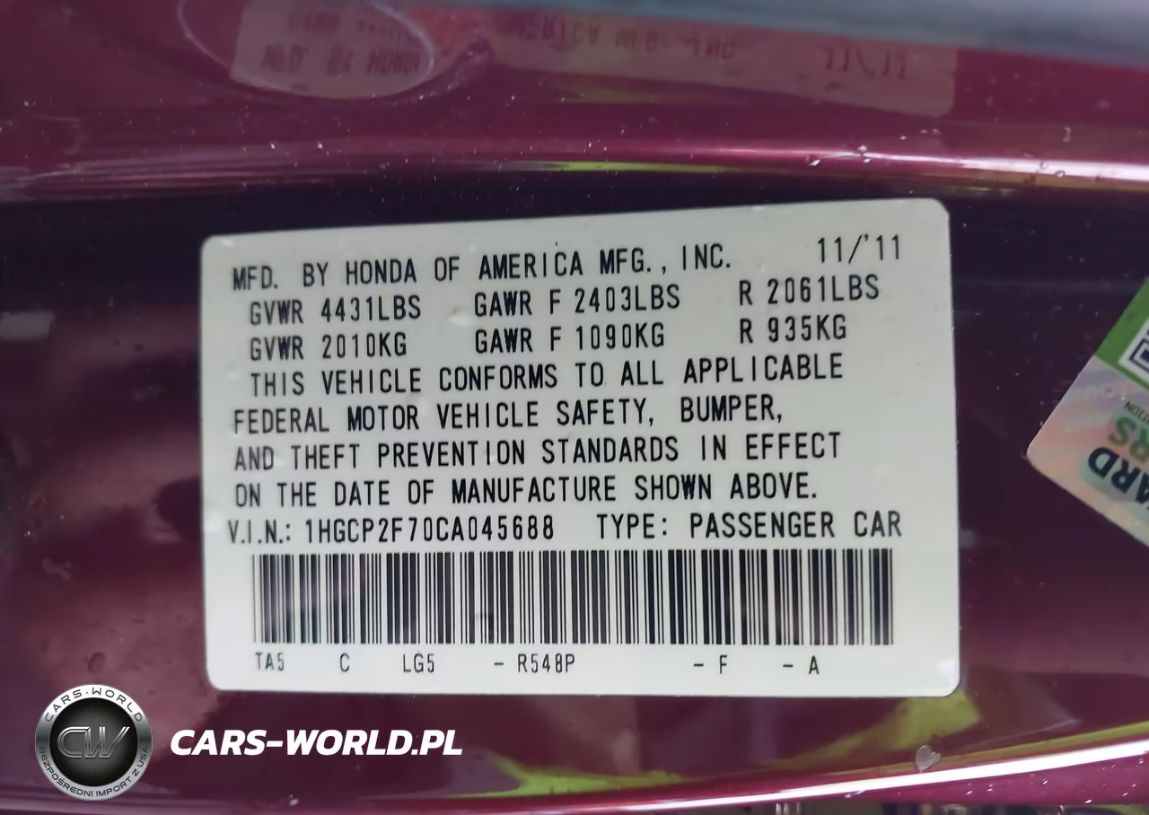 2012 Honda Accord 2.4 Ex VIN:1HGCP2F70CA045688 - 9