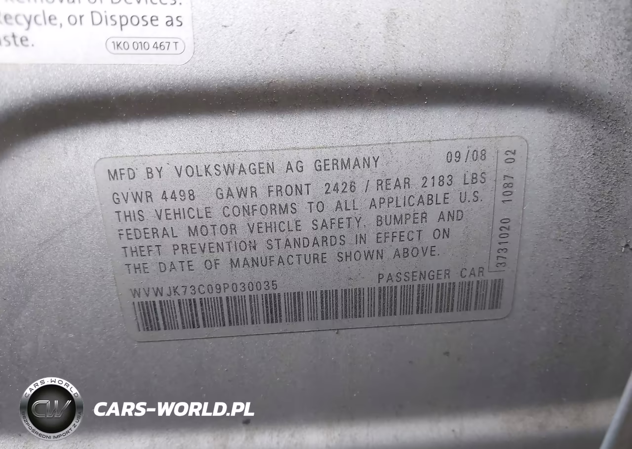 2009 Volkswagen Passat Komfort VIN:WVWJK73C09P030035 - 9