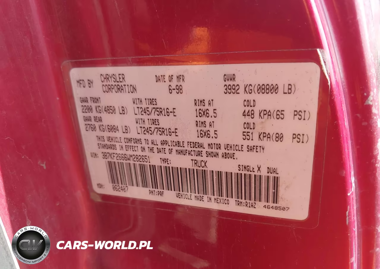 1998 Dodge Ram 2500 St VIN:3B7KF2666WM282651 - 9