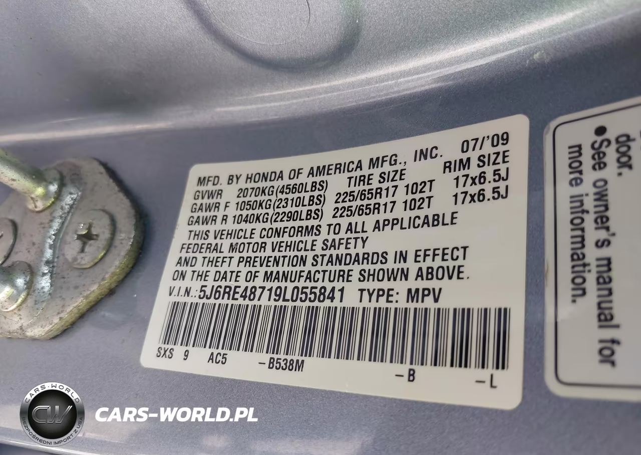 2009 Honda Cr-V Ex-L VIN:5J6RE48719L055841 - 9