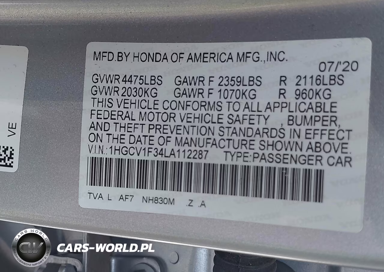 2020 Honda Accord Sport VIN:1HGCV1F34LA112287 - 9