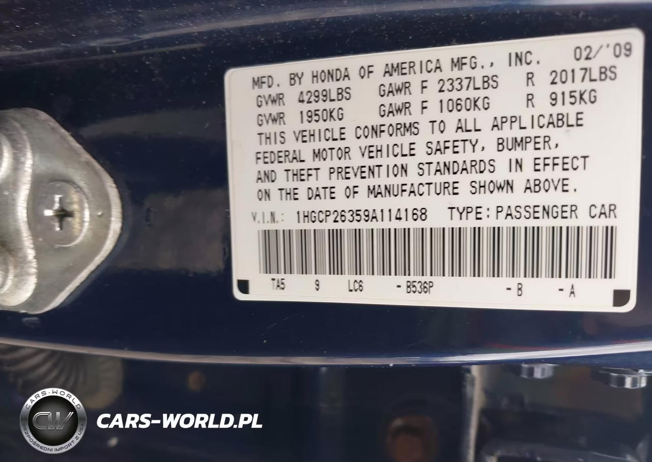 2009 Honda Accord 2.4 Lx VIN:1HGCP26359A114168 - 9